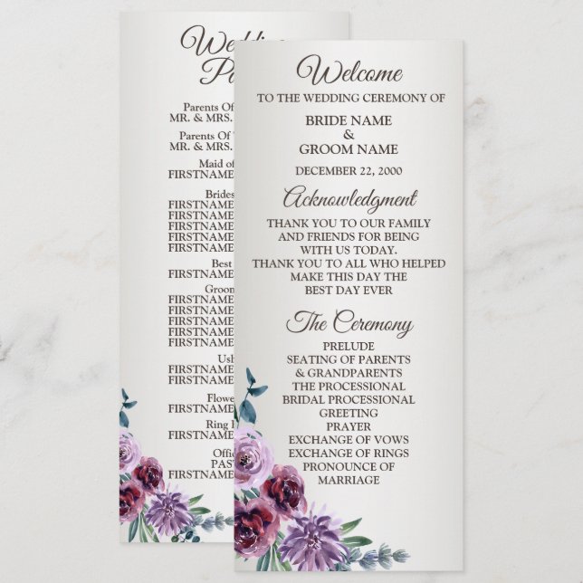 Pink Red Floral Geometric Watercolor Wedding Programme (Front/Back)