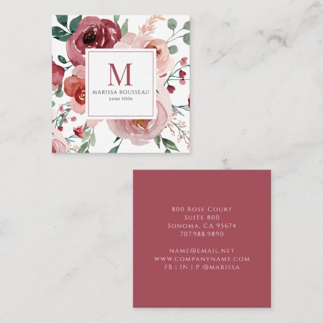 Pink Red Floral Monogram Business Card (Front/Back)