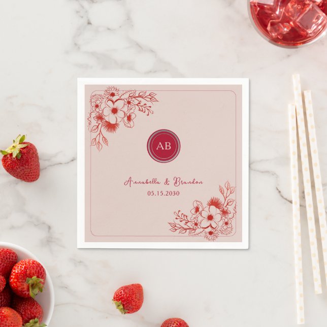 Pink Red Floral Monogram Wedding Napkin (Insitu)