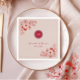 Pink Red Floral Monogram Wedding Napkin