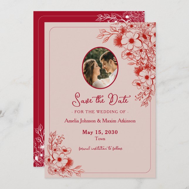 Pink Red Floral Photo Save The Date (Front/Back)