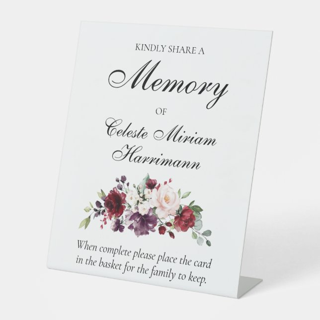 Pink Red Floral Share a Memory Attendance Card Pedestal Sign (Front)