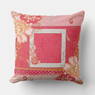 Pink Red Floral Square Photo Frame Throw Pillow