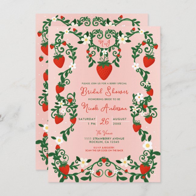 Pink & Red Floral Vines Strawberry Bridal Shower Invitation (Front/Back)