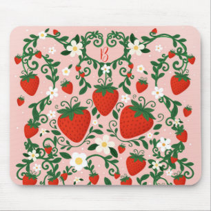 Pink & Red Floral Vines Strawberry Cute Mouse Pad