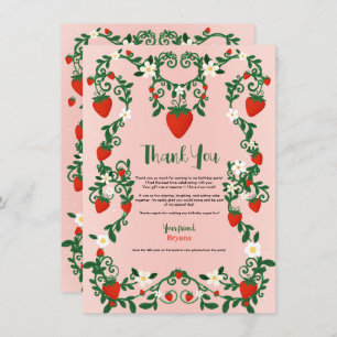 Pink & Red Floral Vines Strawberry Cute Thank You Invitation