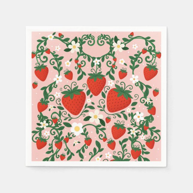 Pink & Red Floral Vines Strawberry Stickers Napkin (Front)