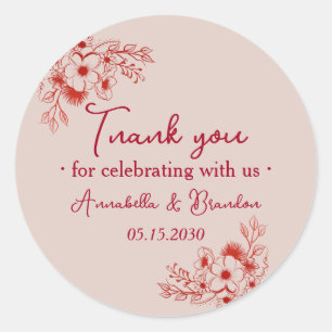 Pink Red Floral Wedding Thank You Classic Round Sticker