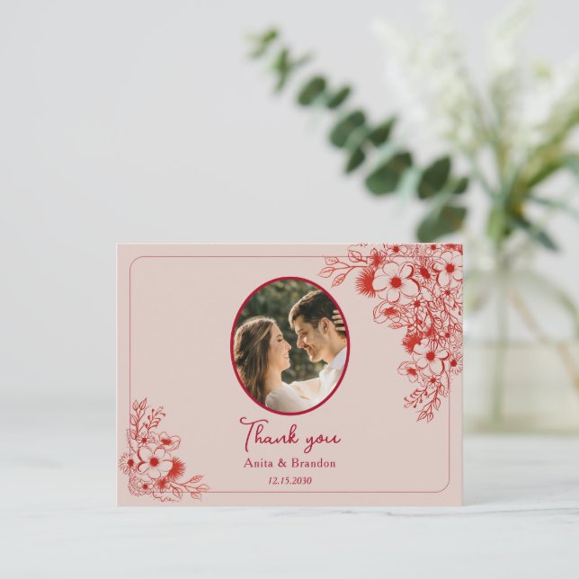 Pink Red Floral Wedding Thank You Postcard (Standing Front)
