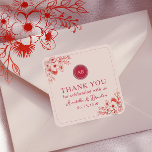 Pink Red Floral Wedding Thank You Square Sticker