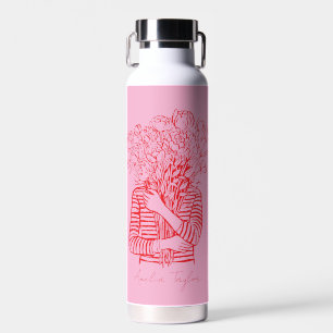 Pink Red Flower Girl Illustration Personalised Water Bottle