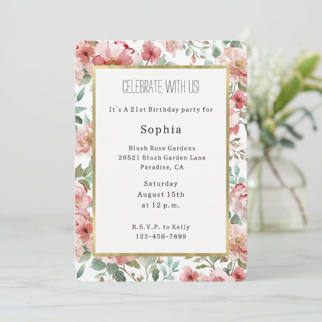  Pink Red Flowers Birthday Invitation (Standing Front)