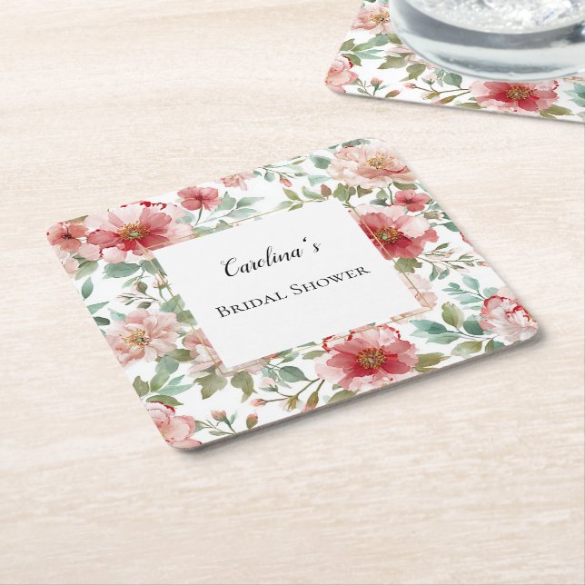 Pink Red Flowers Bridal Shower   Square Paper Coaster (Angled)