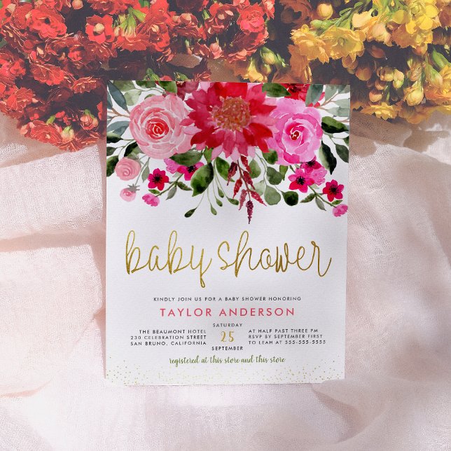 Pink & Red Flowers Eucalyptus Greenery Baby Shower Invitation Postcard (Creator Uploaded)