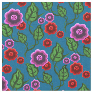 Pink/red flowers/green leaves/Folk  floral/blue Fabric