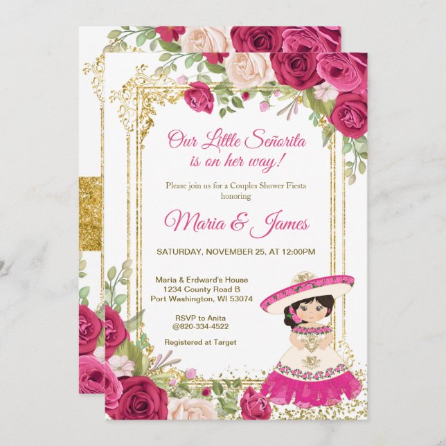 Pink Red Flowers Mexican Fiesta Couple Shower   Invitation (Front/Back)