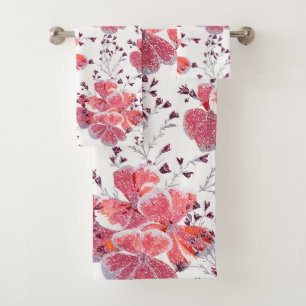 Pink-red flowers on white. bath towel set