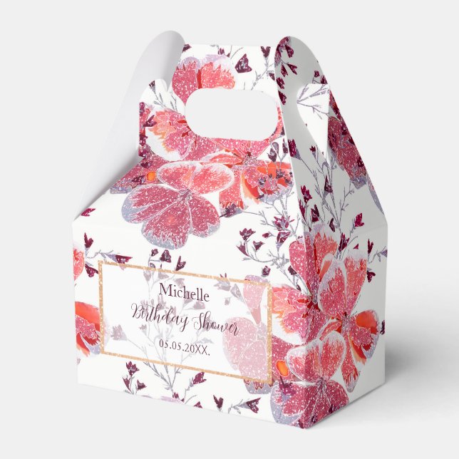 Pink-red flowers on white.   favour box (Front Side)