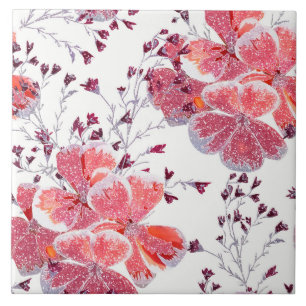 Pink-red flowers on white. tile