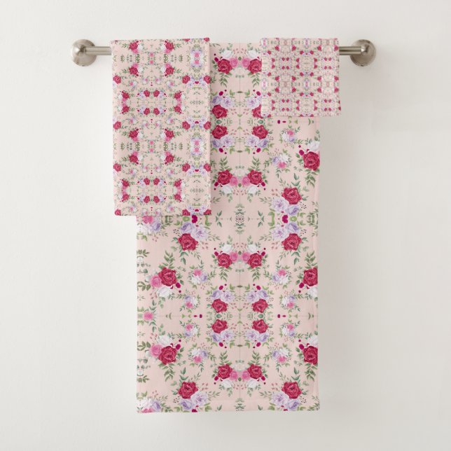 Pink red flowers Pattern Art Bath Towel Set (Insitu)