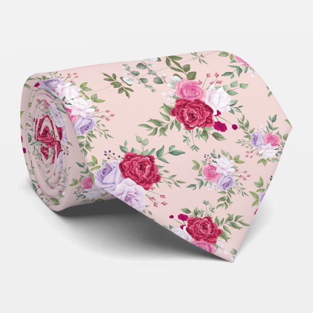 Pink red flowers Pattern Art Tie (Rolled)