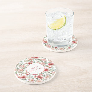 Pink Red Flowers Personalised Quote Coaster
