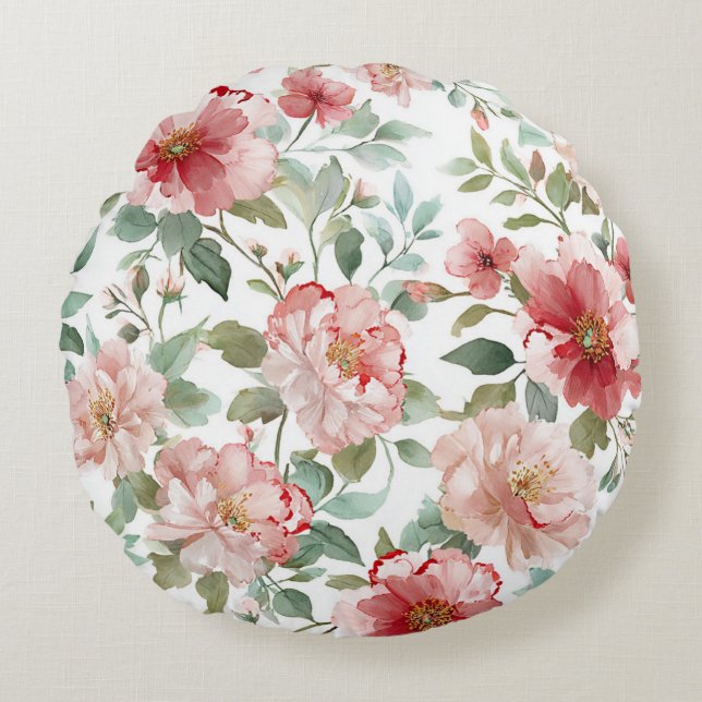 Pink Red Flowers Round Cushion (Front)