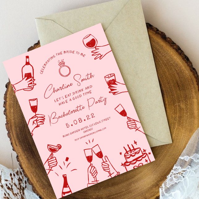 Pink Red Funky Handwritting Bridal Brunch Invitation (Creator Uploaded)