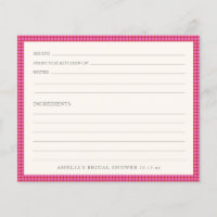 Pink Red Gingham Bridal Shower Recipe Card