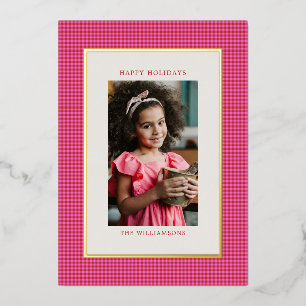 Pink Red Gingham Plaid Family Photo Christmas Gold