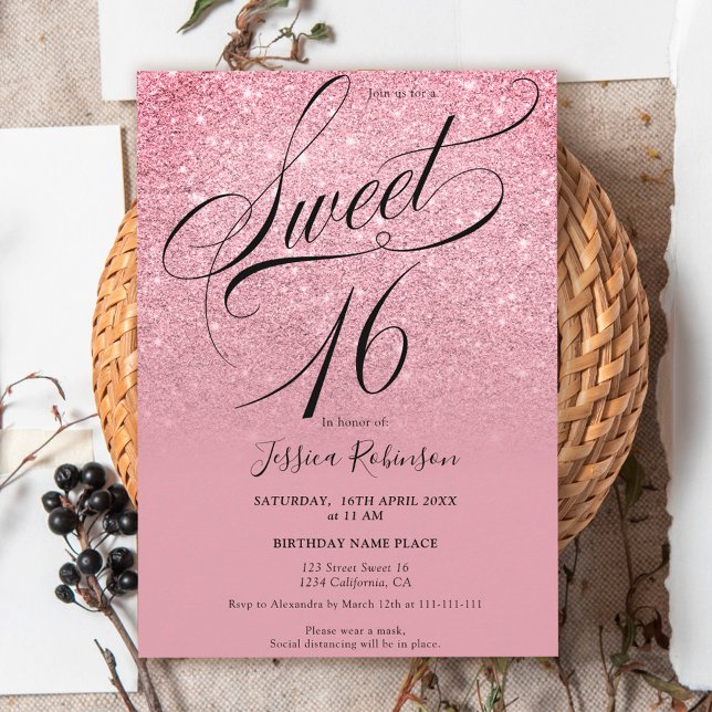 Pink red glitter ombre chic script purple Sweet 16 Invitation (Creator Uploaded)