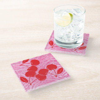 Pink Red Glitter Zebra Cherries Glass Coaster