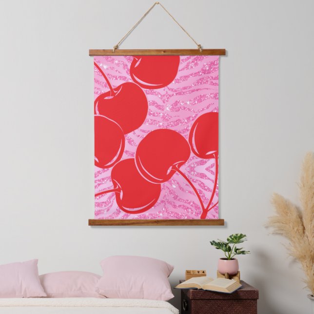 Pink Red Glitter Zebra Cherries Hanging Tapestry (Bedroom)