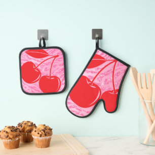 Pink Red Glitter Zebra Cherries Oven Mitt & Pot Holder Set