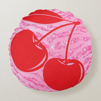 Pink Red Glitter Zebra Cherries Round Cushion
