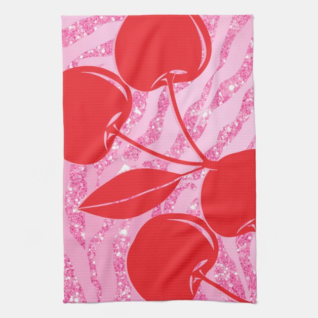 Pink Red Glitter Zebra Cherries Tea Towel (Vertical)