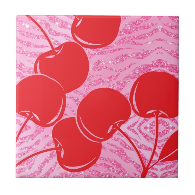 Pink Red Glitter Zebra Cherries Tile (Front)