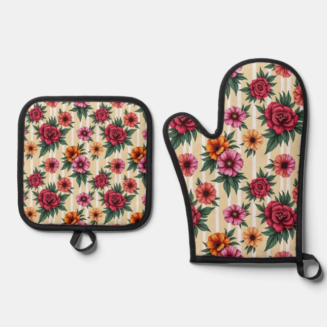 Pink Red Gold Flowers on Tan Stripes Oven Mitt & Pot Holder Set (Front)