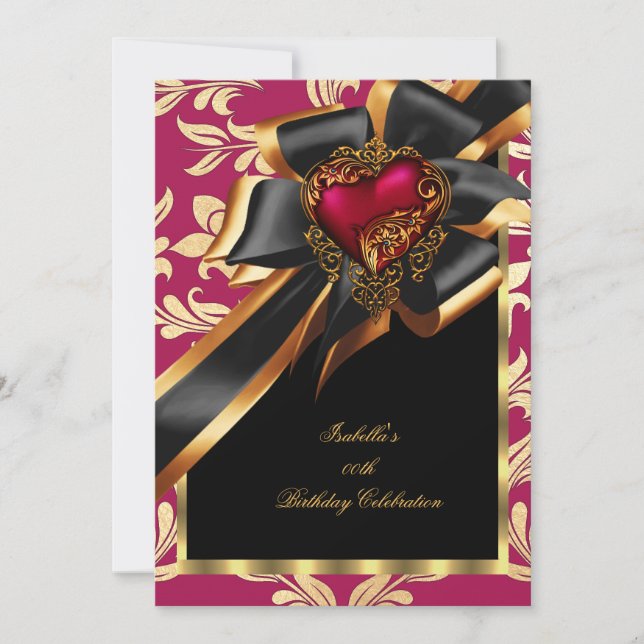 Pink Red Gold Heart Bow Black Birthday Party 2 Invitation (Front)