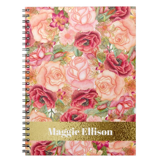 Pink Red Gold Roses Personalised Flowers Notebook (Front)