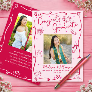 Pink Red Graduation 5 Photo Hand Drawn Doodles Fun Announcement