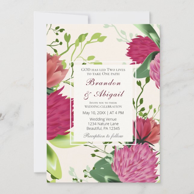 Pink Red Green Clover Floral Christian Wedding Invitation (Front)