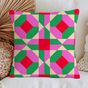 Pink, Red& Green Colourful Geometric Pattern Retro Cushion