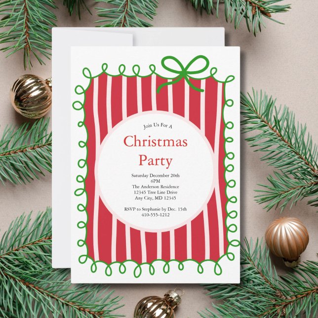 Pink Red Green Coquette Bow Doodle Christmas Party Invitation (Pink Red Green Doodle Coquette Bow Christmas Party Invitation  Printed or Digital)