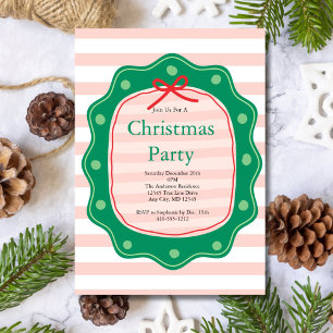 Pink Red Green Coquette Bow Stripe Christmas Party Invitation