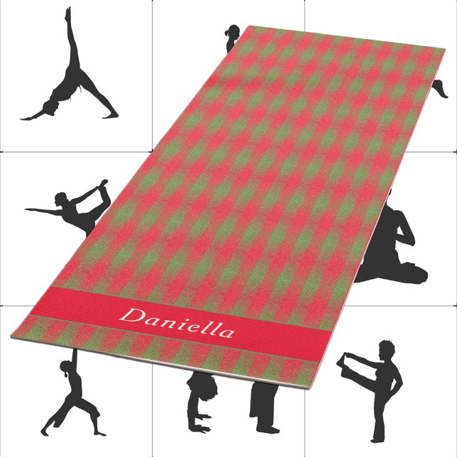 Pink-Red Green Plaid Add Custom Name Yoga Mat (Creator Uploaded)