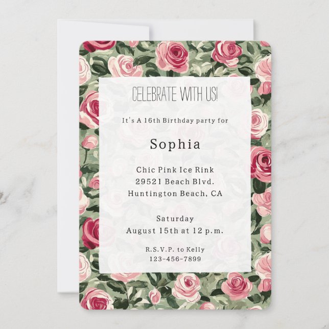 Pink Red Green Roses Floral Birthday Invitation (Front)