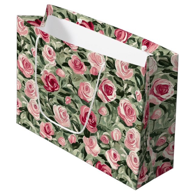 Pink Red Green Roses Floral Bridal Shower Large Gift Bag (Front Angled)
