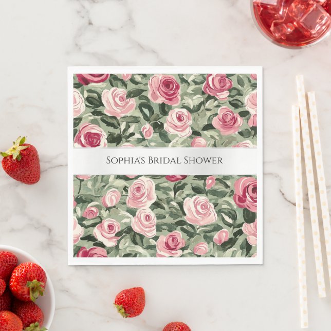 Pink Red Green Roses Floral Bridal Shower Napkin (Insitu)