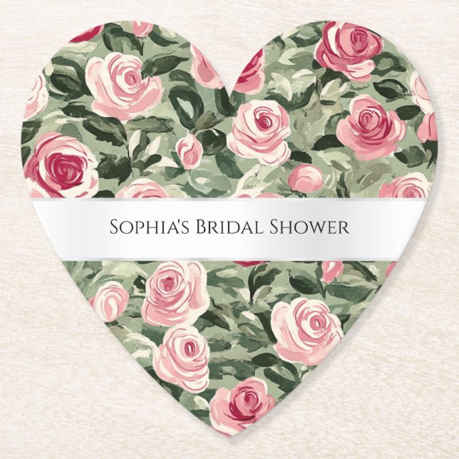 Pink Red Green Roses Floral Bridal Shower Paper Coaster (Front)